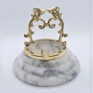Vintage 1970s Marble Ashtray Brass Ornate Handle Hollywood Regency